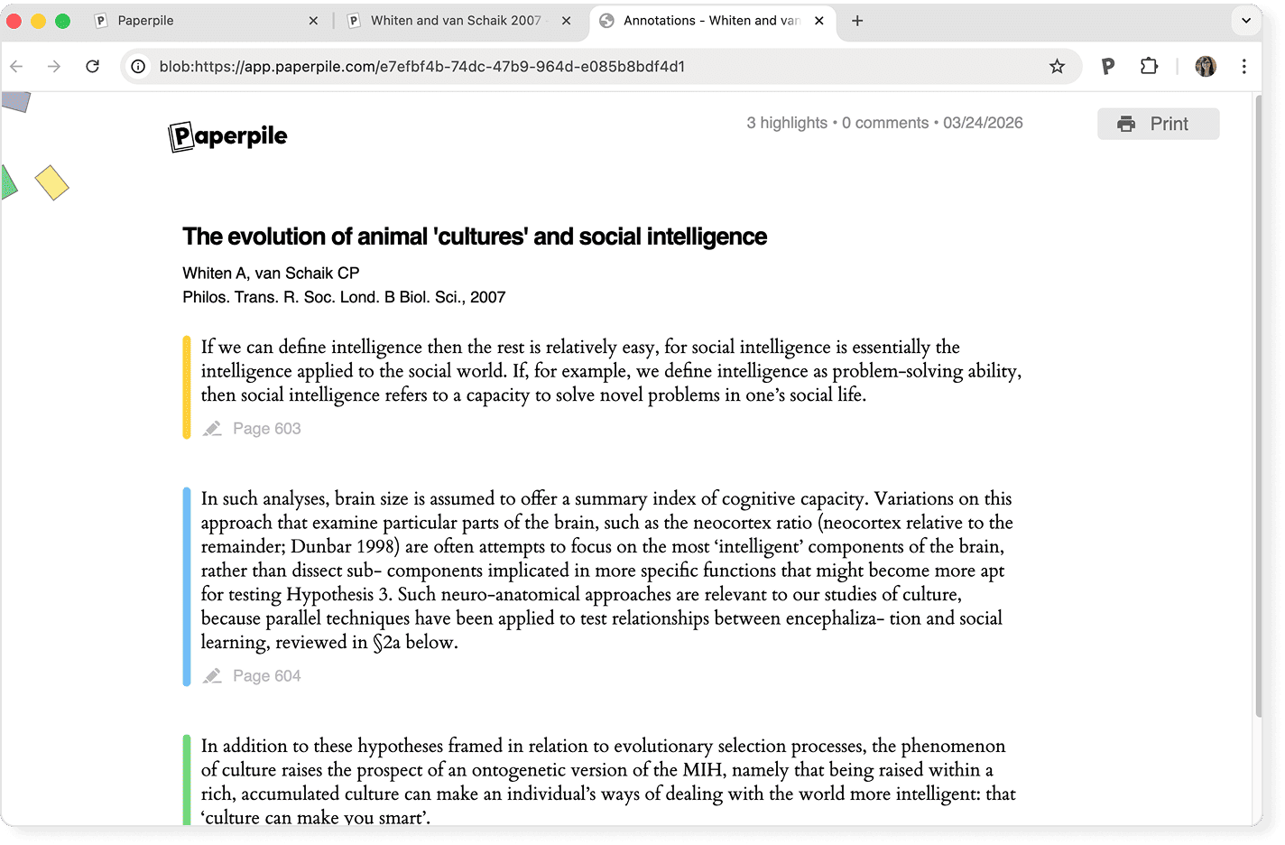 An annotations summary open in a browser tab, headed with the Paperpile logo and “3 highlights · 0 comments” and a Print button, listing three colour-coded highlights with their page numbers below the paper’s title and authors.